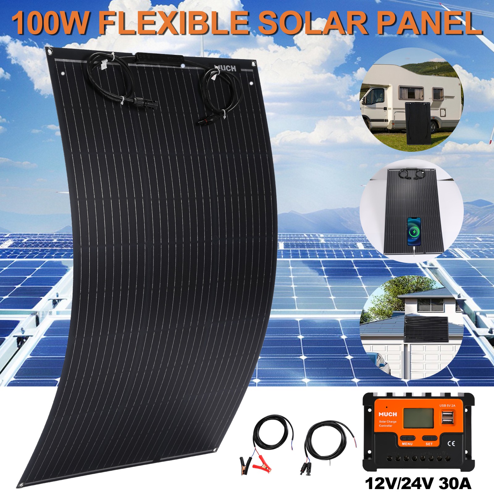 NEW Flexible Solar Panel Kit Mono PV Home RV Battery Boat 100/200/400W Portable
