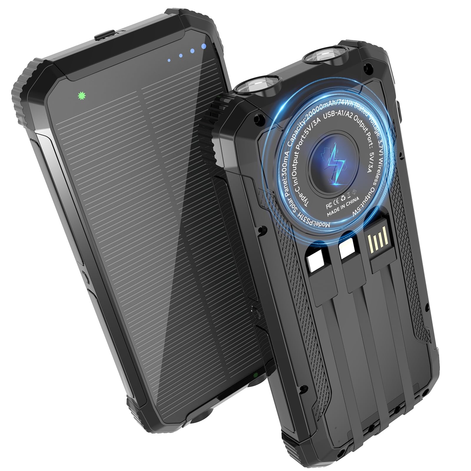 Solar Power Bank 20000mAh, Wireless Charger with 15W Fast Charging, 3 Data Ca…