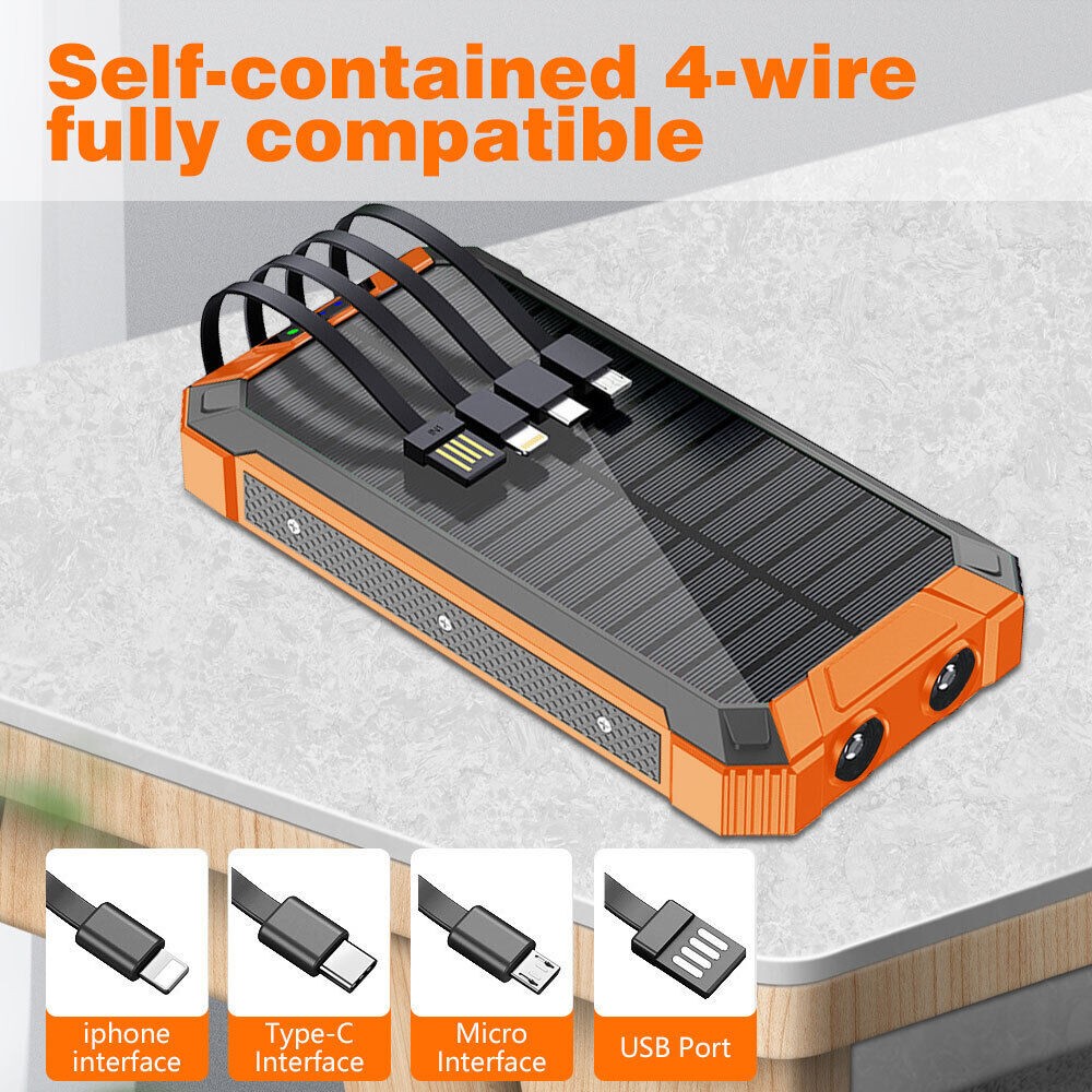 39800mAh Solar Power Bank Wireless Charging USB-C Fast Charging Built-in Cable