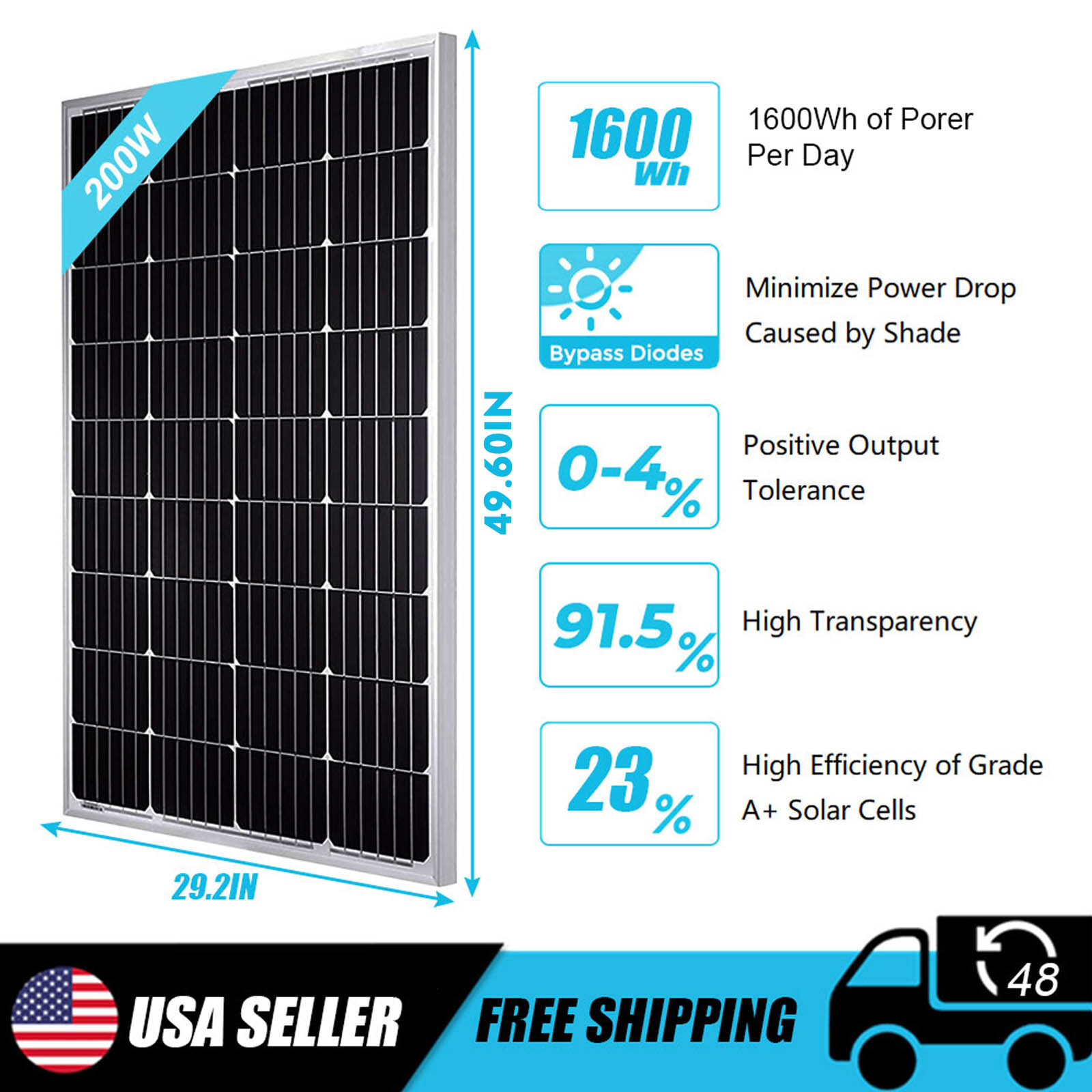 200W 12V High Efficiency Monocrystalline Solar Panel RV Boat Off-grid System