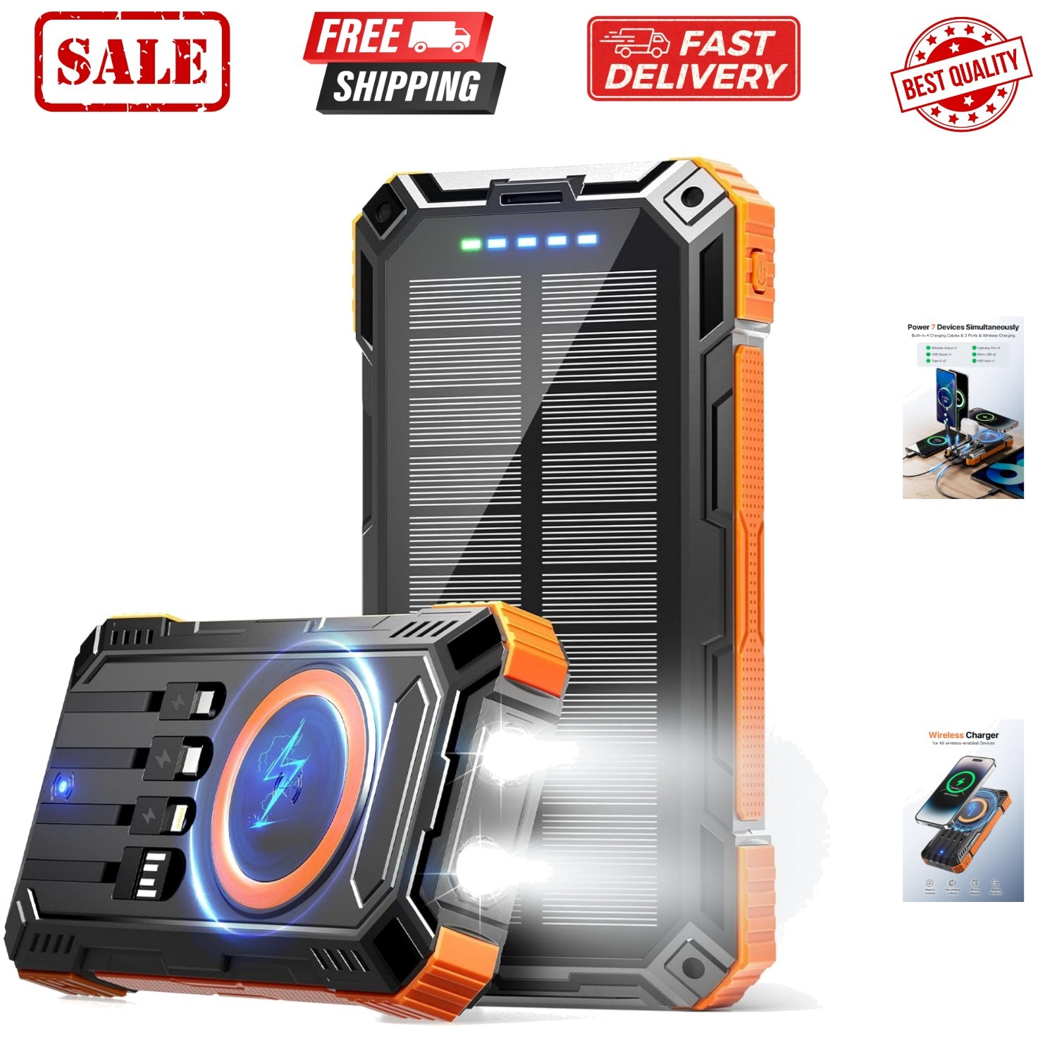 Solar Power Bank 49800mAh Wireless Portable Charger with USB-C 15W Fast Charg…