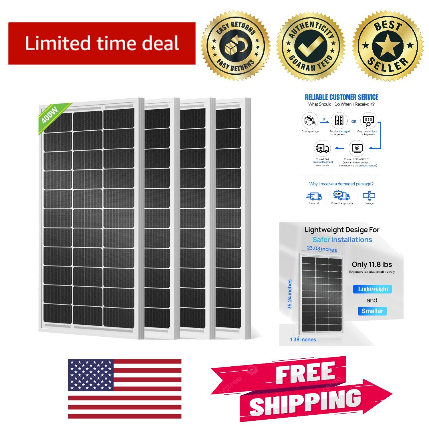 Durable 400W Solar Power Kit – 4pcs 100W Monocrystalline, Easy DIY Installation