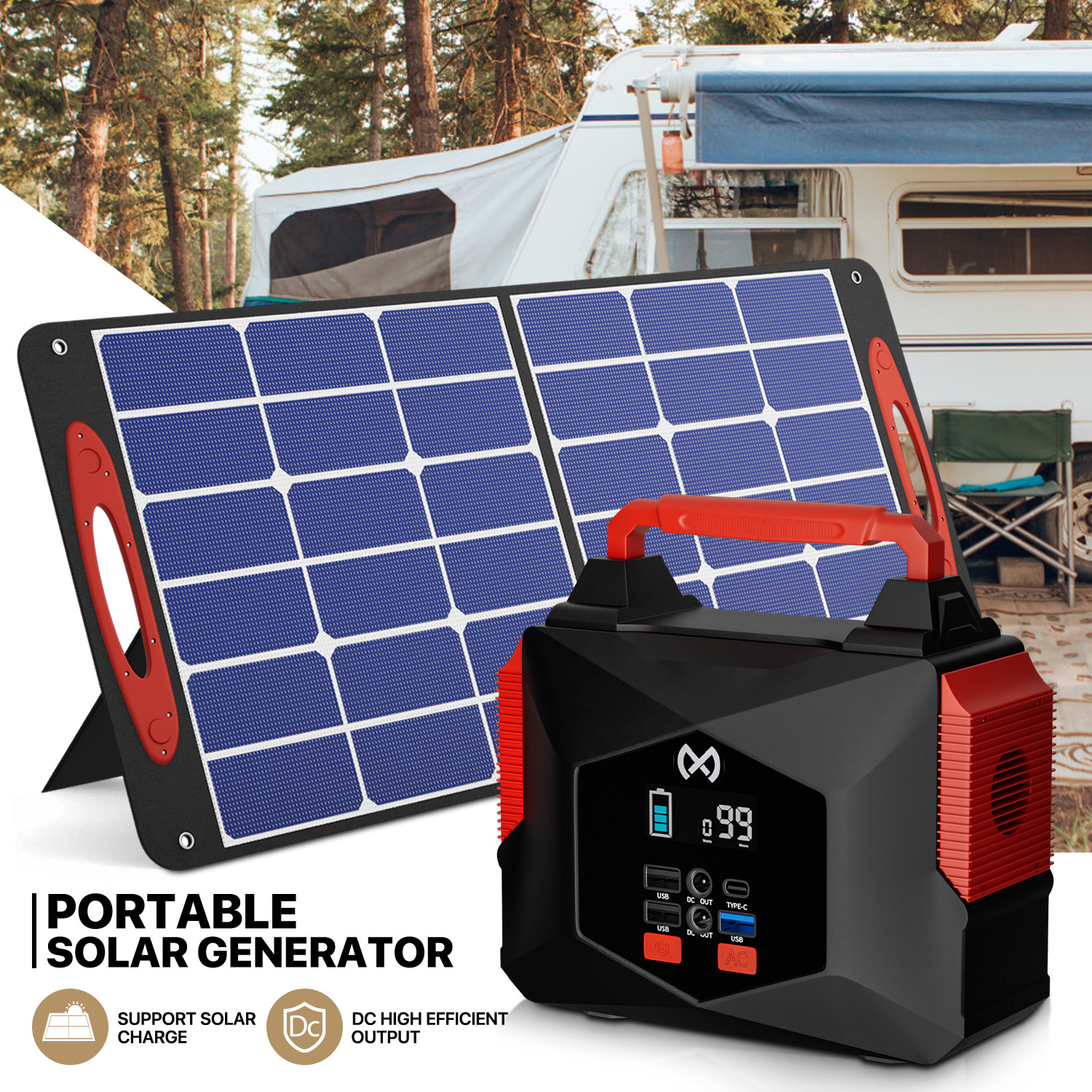 [PORTABLE POWER STATION+FOLDABLE SOLAR PANEL]Camping Solar Generator w/LED Light