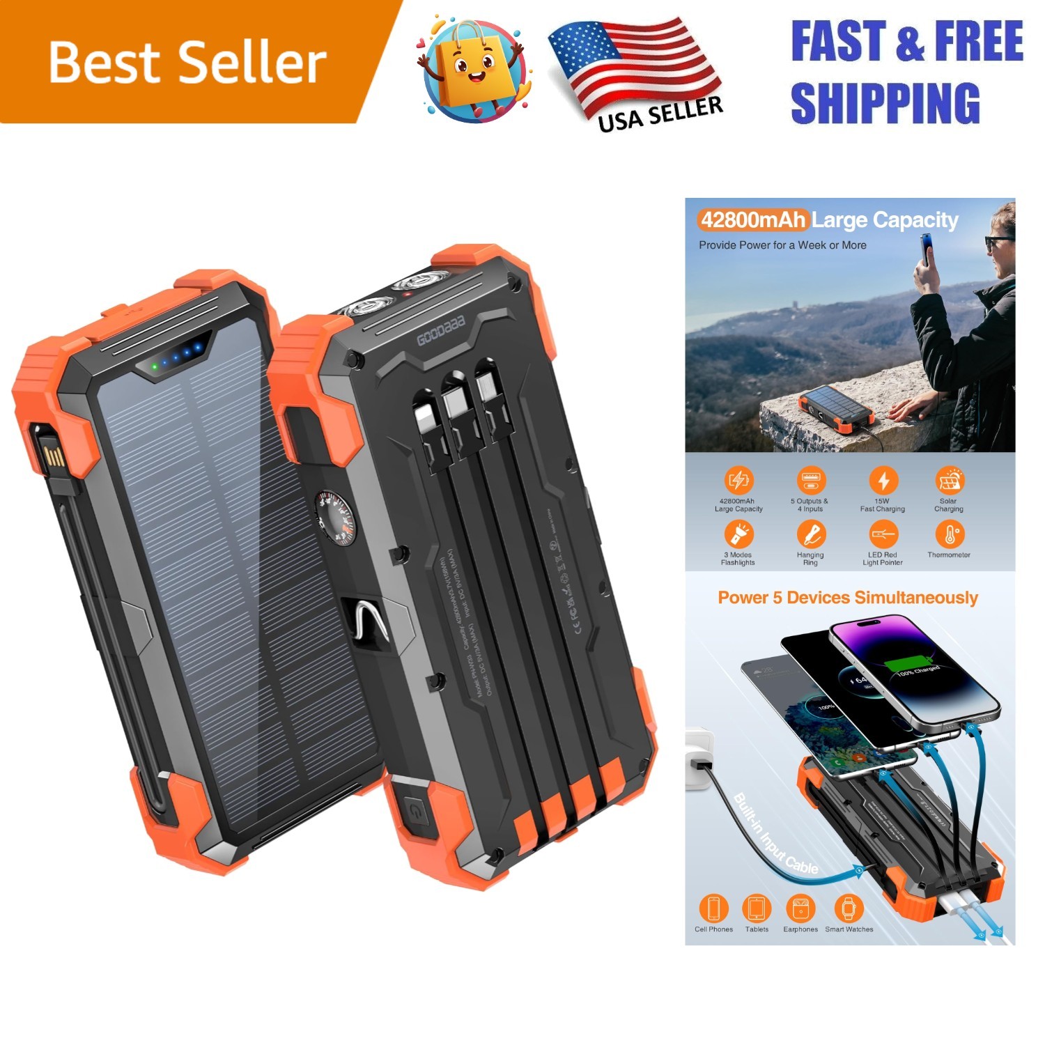 Robust 42800mAh Solar Power Bank with Emergency Flashlight & Easy Carabiner Clip