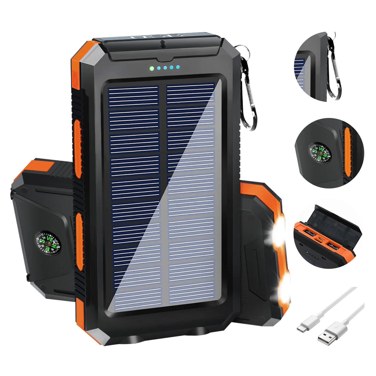 20000mAh Waterproof Solar Power Bank with Dual USB Ports and LED Flashlight
