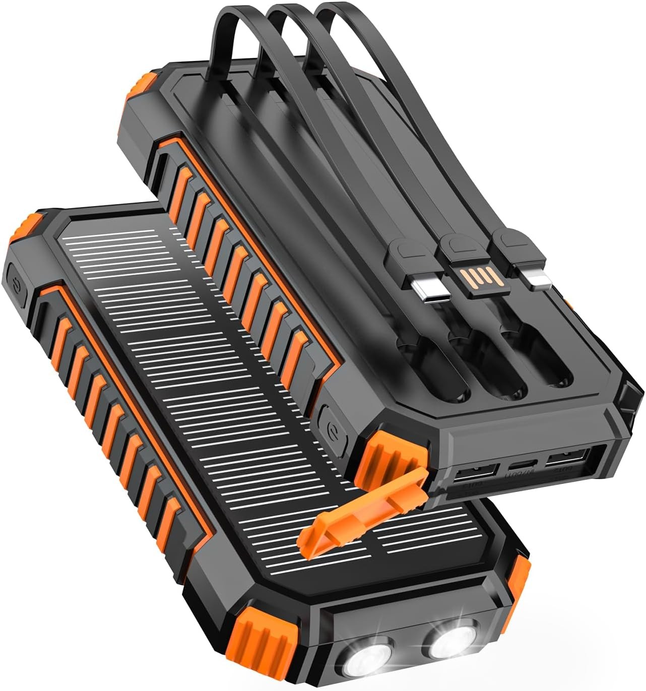 FEELLE Solar Charger for Outdoor: 27000mAh Power Bank with Built-in Cables – 15W