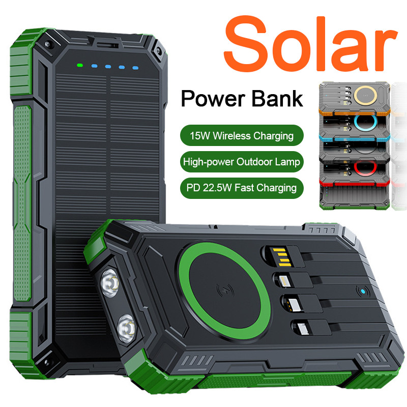 20000mah Solar Power Bank Wireless Charger iOS Type-C USB Cables iPhone Android