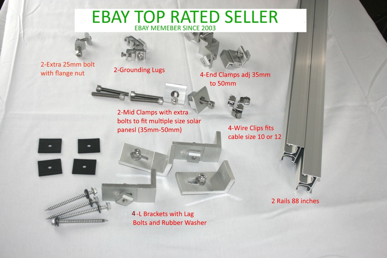 Solar Rail Kit to mount 2 Large panels w/ clamps & L brackets & 7.3 ft rails