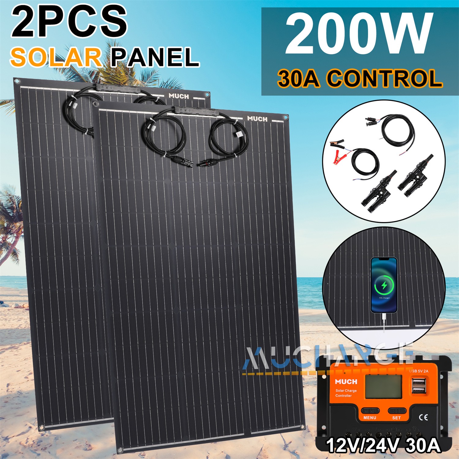 200W Flexible Solar Panel Kit Mono for RV Camping Home Boat & 1000W Car Inverter