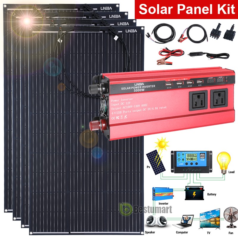 Full Complete Solar Panel Kit 5000W Power Inverter 12VBattery Charger Controller