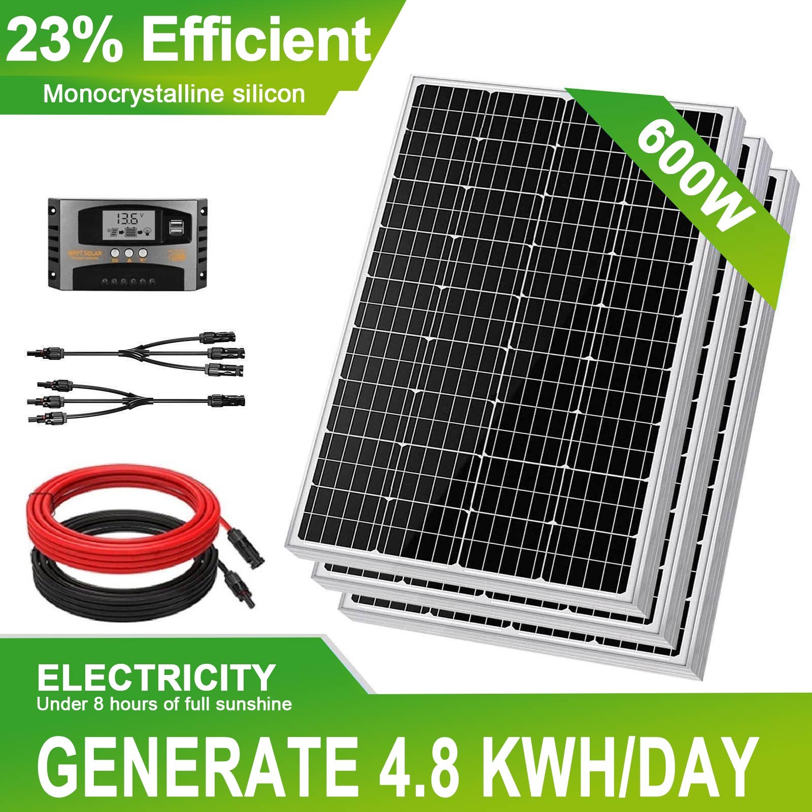 600W Solar Panel Kit 12V Battery Charger 60A Controller RV Marine Boat Off Grid