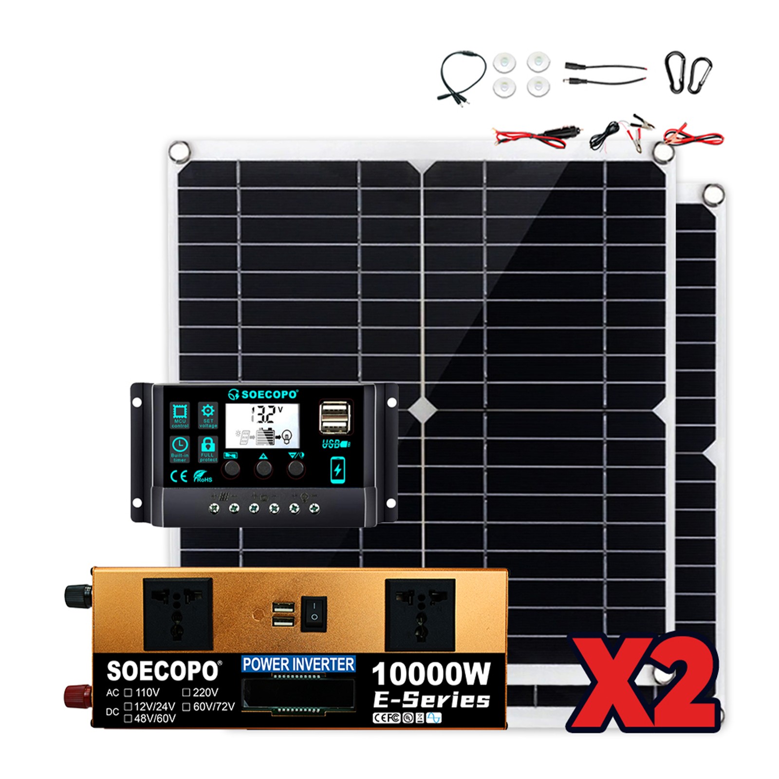 Off-Grid Solar Kit 10000W Sine Wave Inverter +2pcs Solar Panels+100A Controller