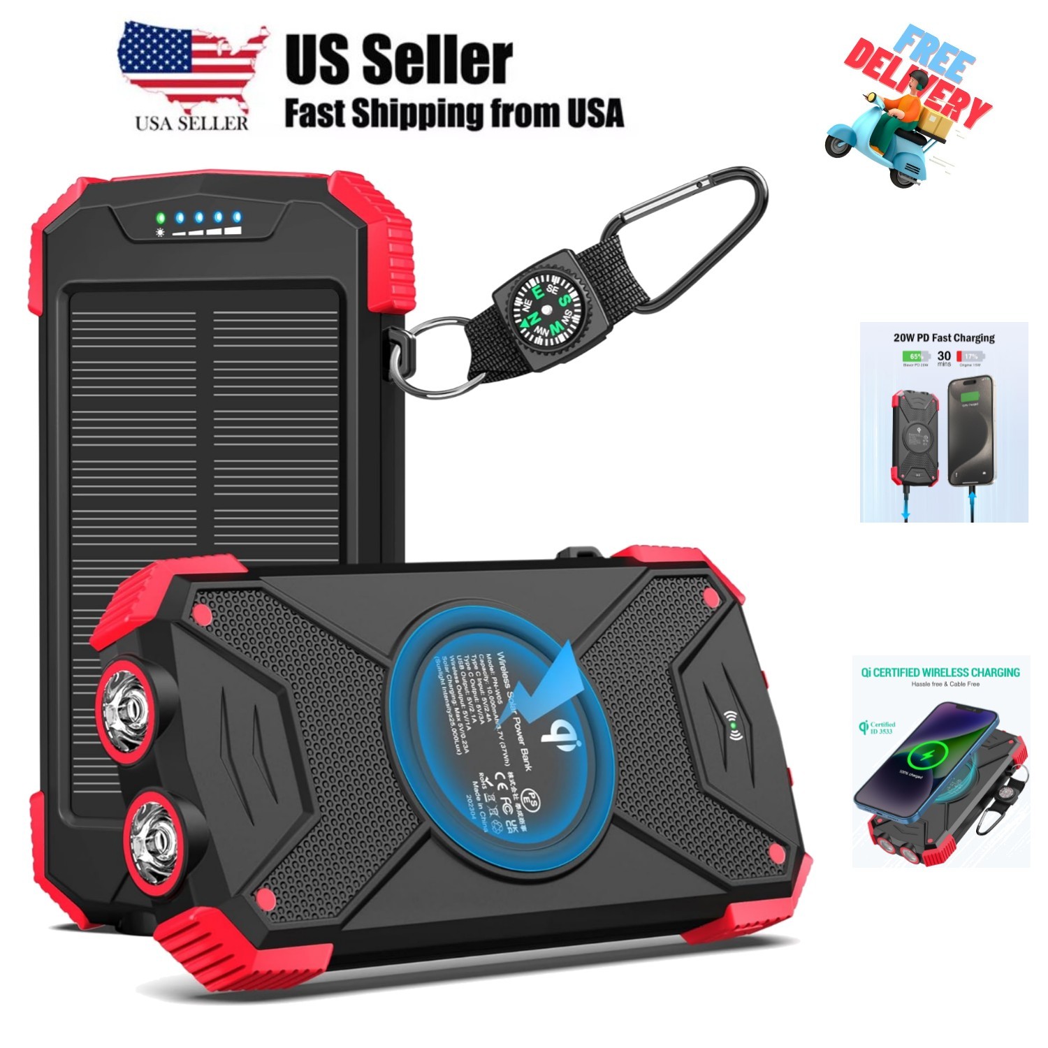 Solar Charger Power Bank 10,000mAh, Portable Wireless Charger, 20W Fast Charg…