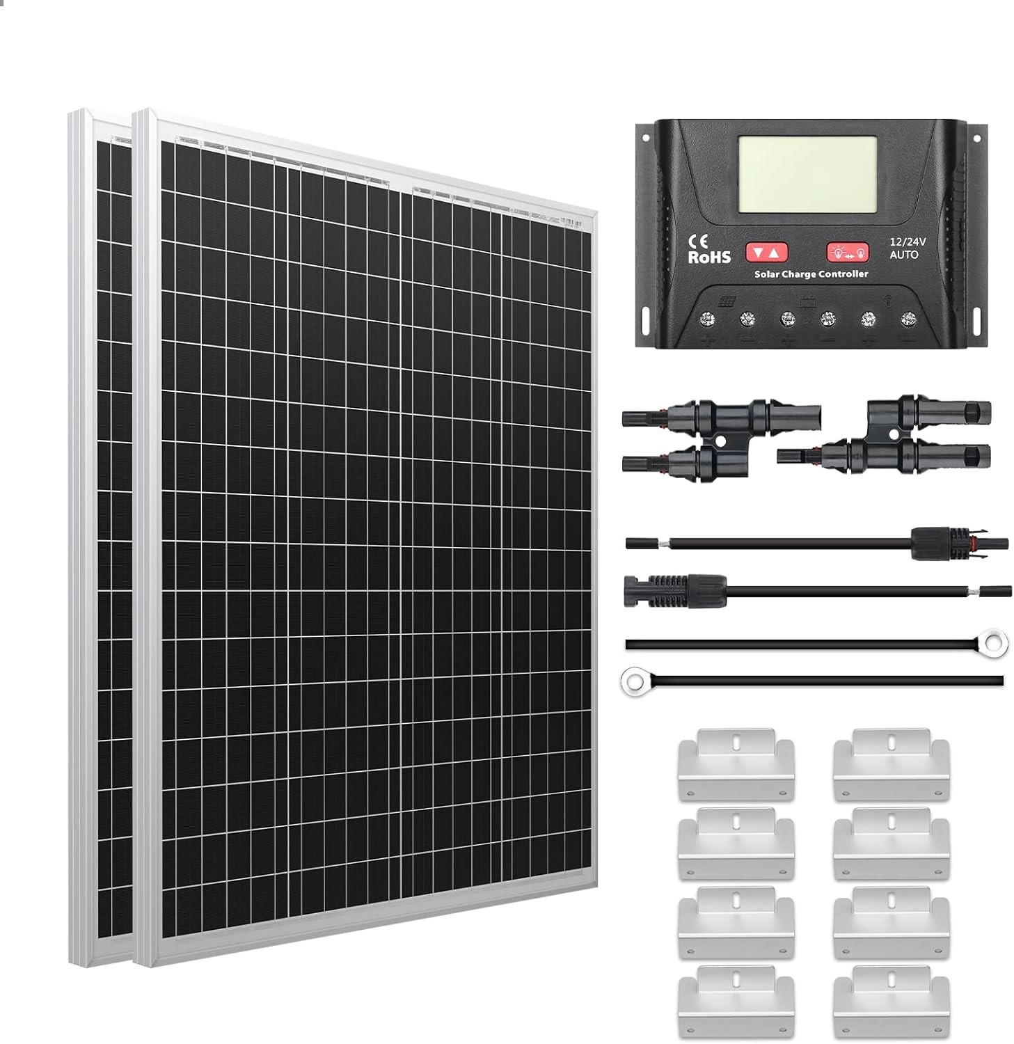 NEW! HQST 200W Polycrystalline Solar Panel Kit-2x100W Panels+30A PWM Controller