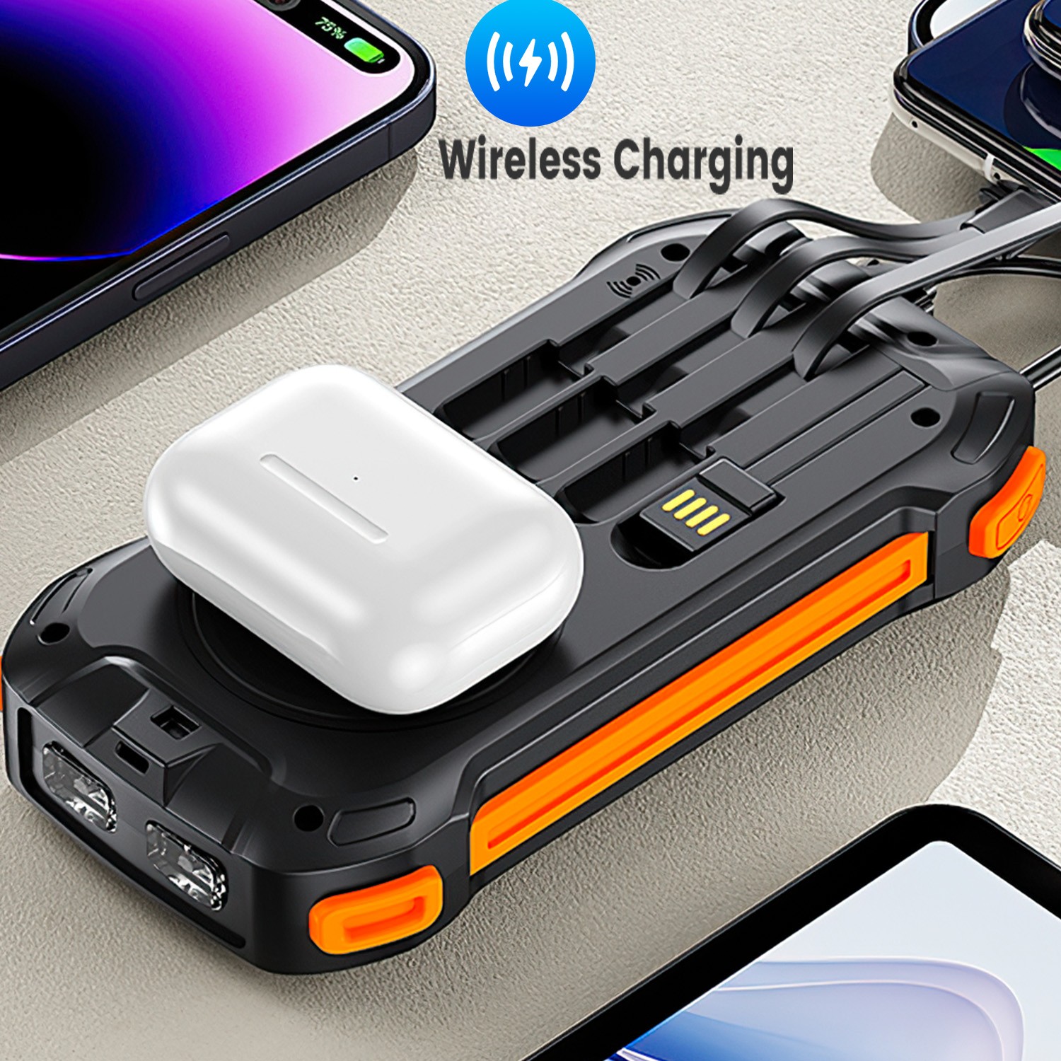 49800mAh Portable Solar Power Bank with 15W Wireless Charger for Cell Phone