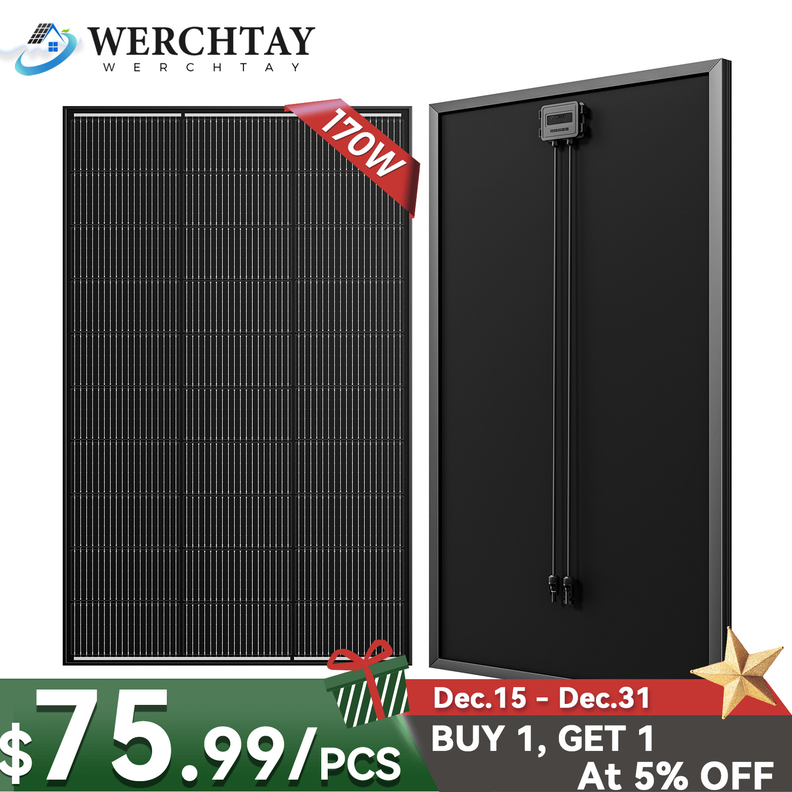 170W 200W Black Solar Panel 12V Solar Battery Home PV Off-Grid Boat Power Charge