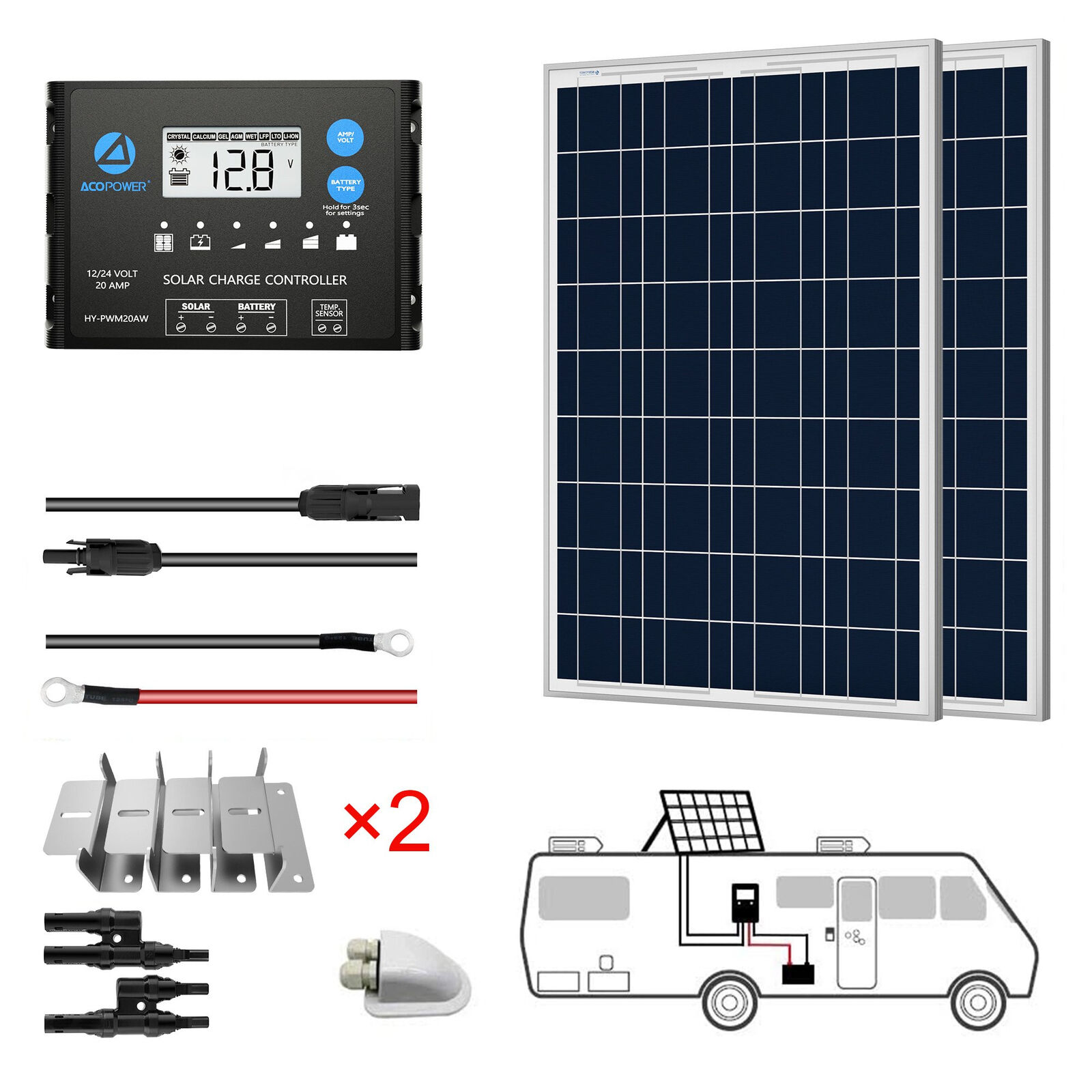 200W 12V Poly Solar RV Kits, 20A PWM Charge Controller