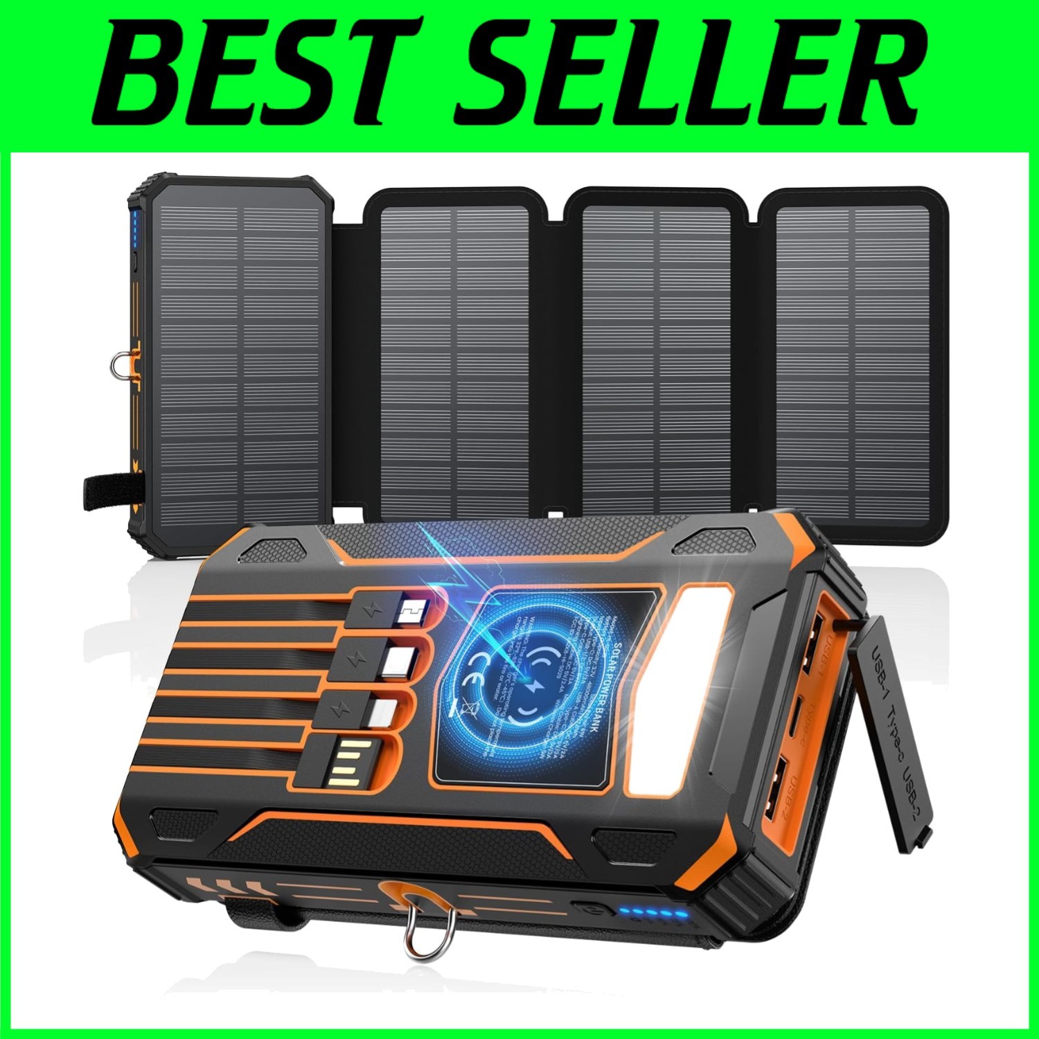 48000mAh PD QC 3.0 Solar Charger Built-in Cables