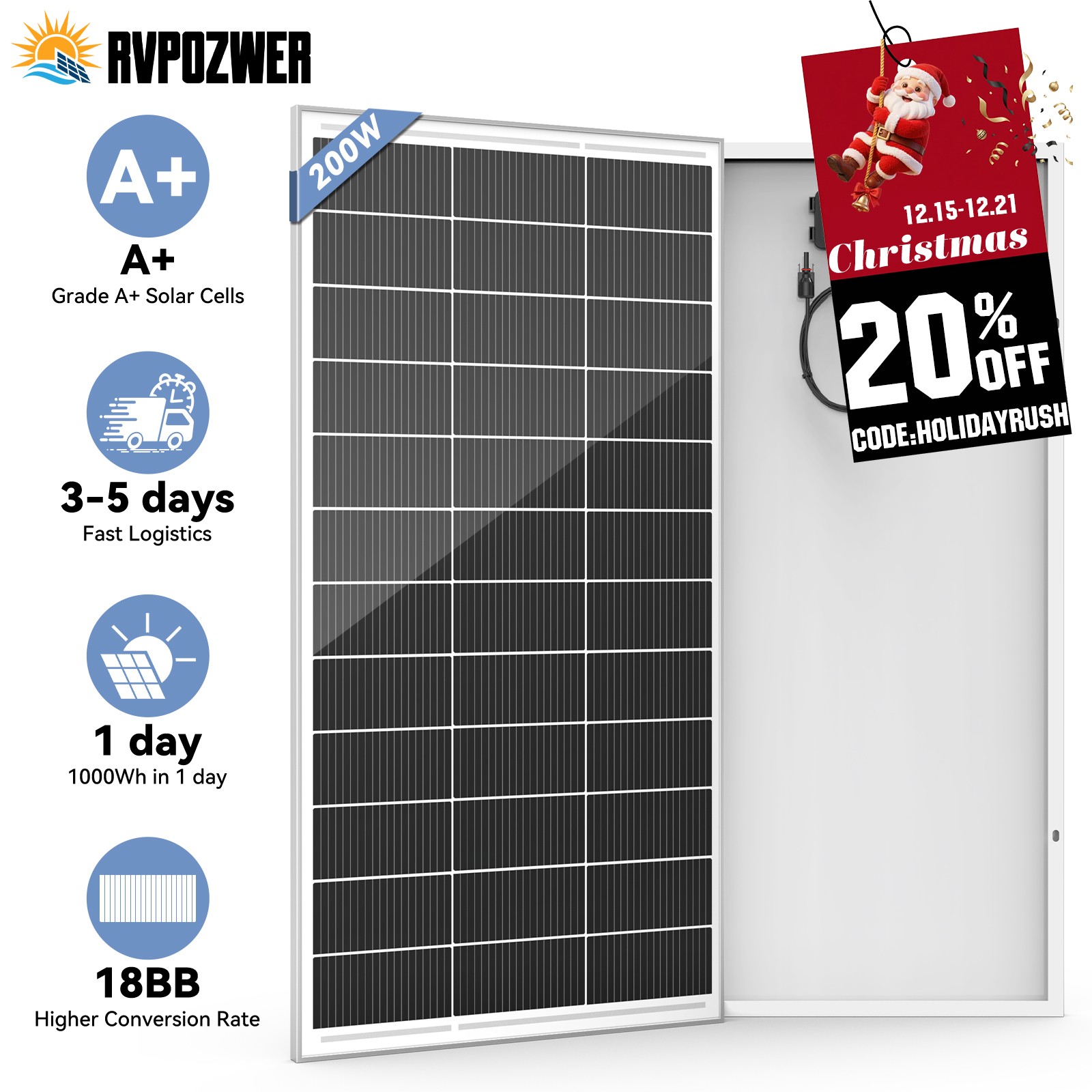 200W 12V Solar Panel Mono 18BB Battery Charge RV PV Home Off-Grid Battery Power