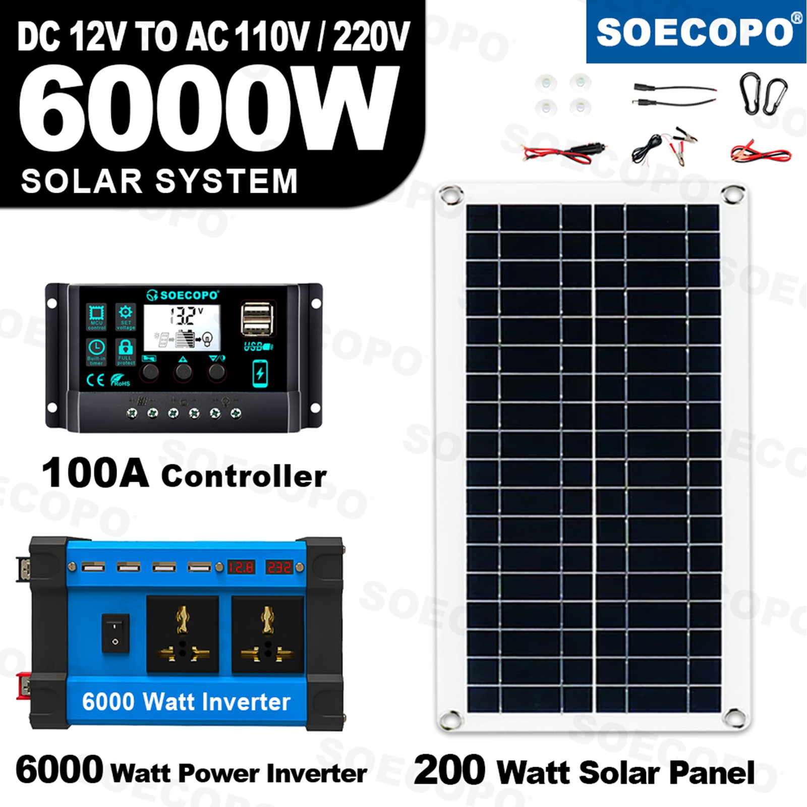 6000W Complete Solar Panel Kit Solar Power Generator 100A Home 110V/220V Systenl
