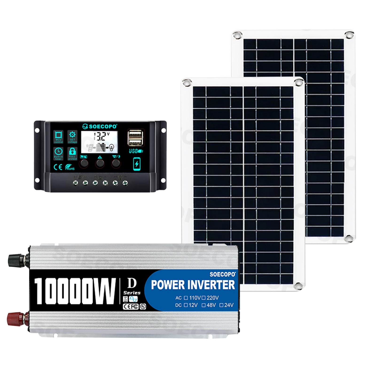 10000W Inverter (12V-110V/220V) + 2pcs Solar Panels + Charge Controller 100AaH