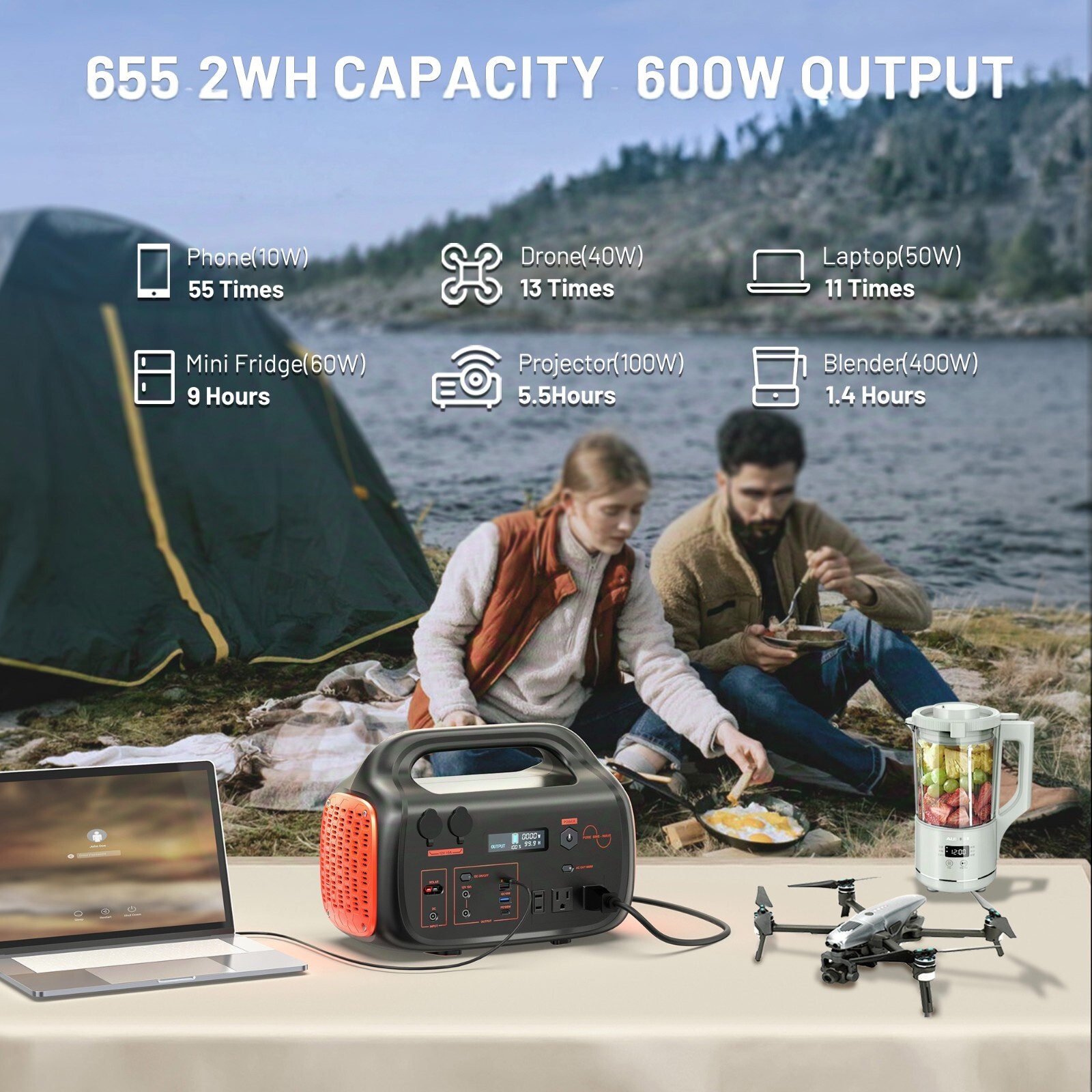600W Portable Power Station 655Wh Solar Generator for Camping Emergency Backup