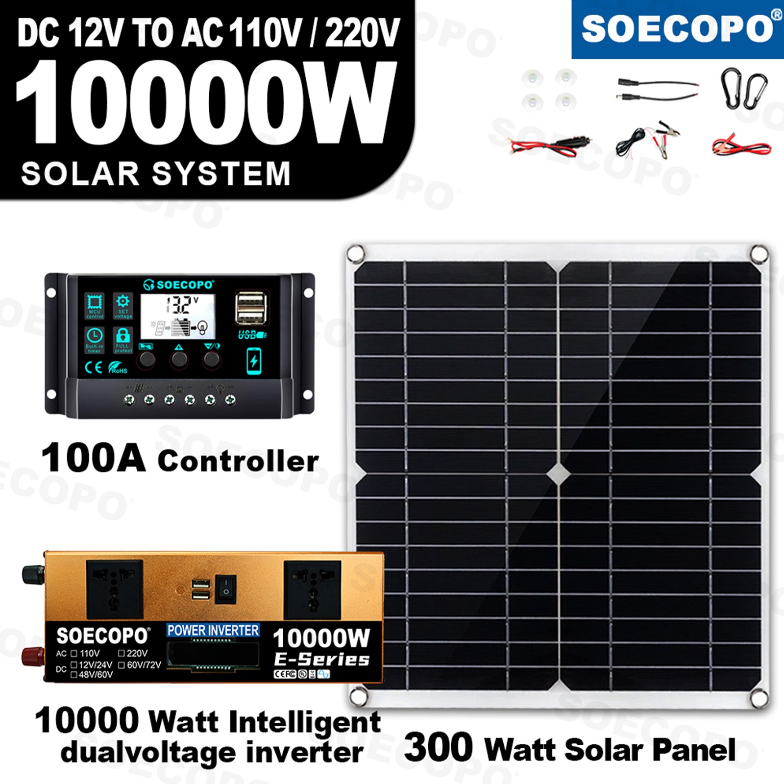 10000W Power Inverter Solar Generator With 300W Solar Panel Home Complete Set8yH