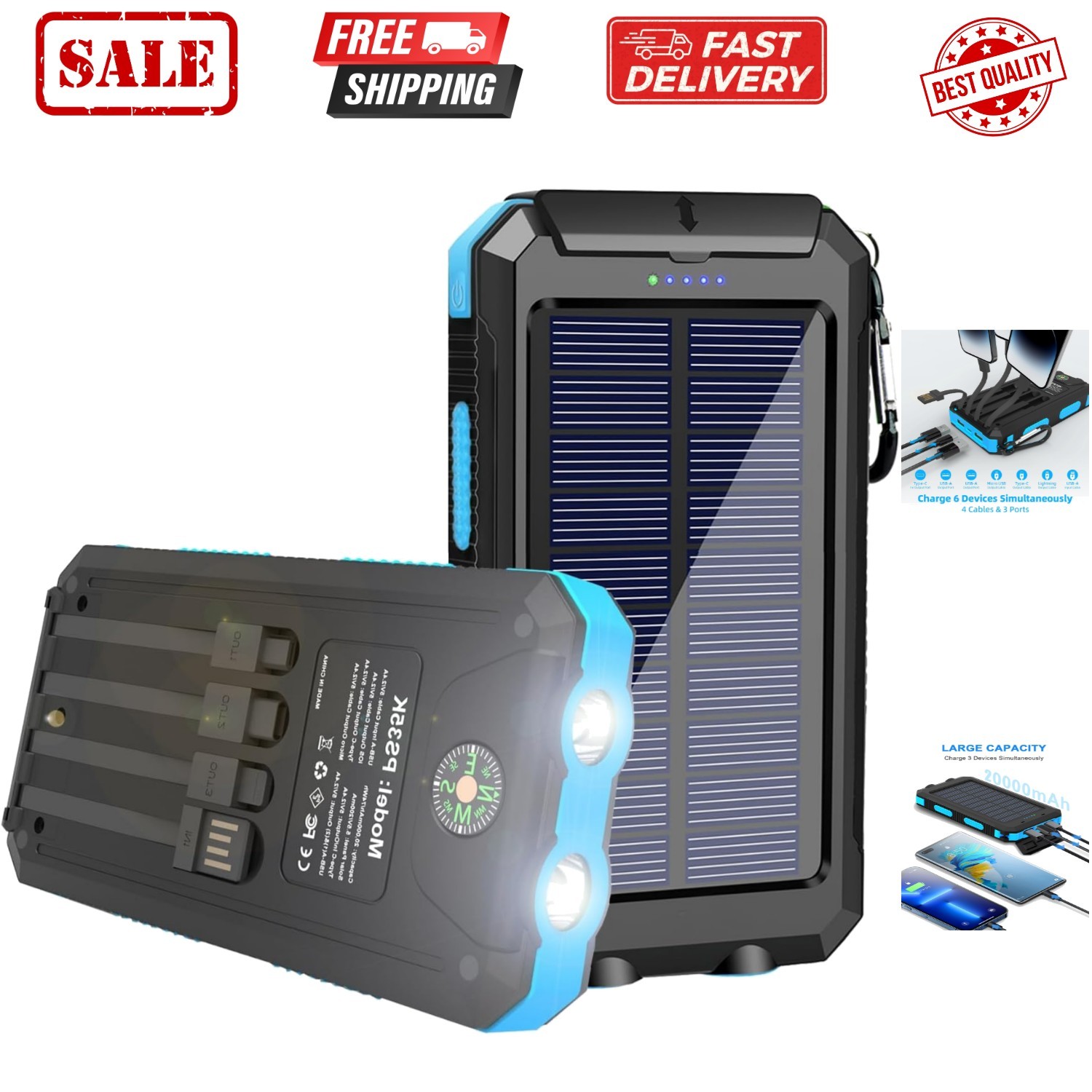 Solar Charger, 20000mAh Portable Type-C Solar Power Bank with 4 Cables, Water…