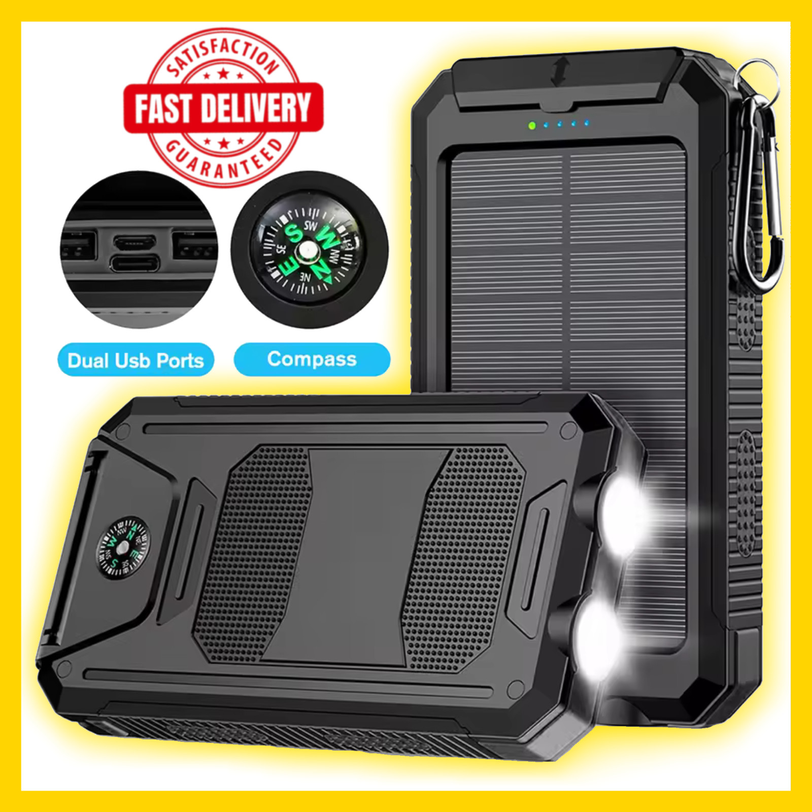 30,000mAh Solar Power Bank Portable Dual USB Fast Charging with LED Flashlight