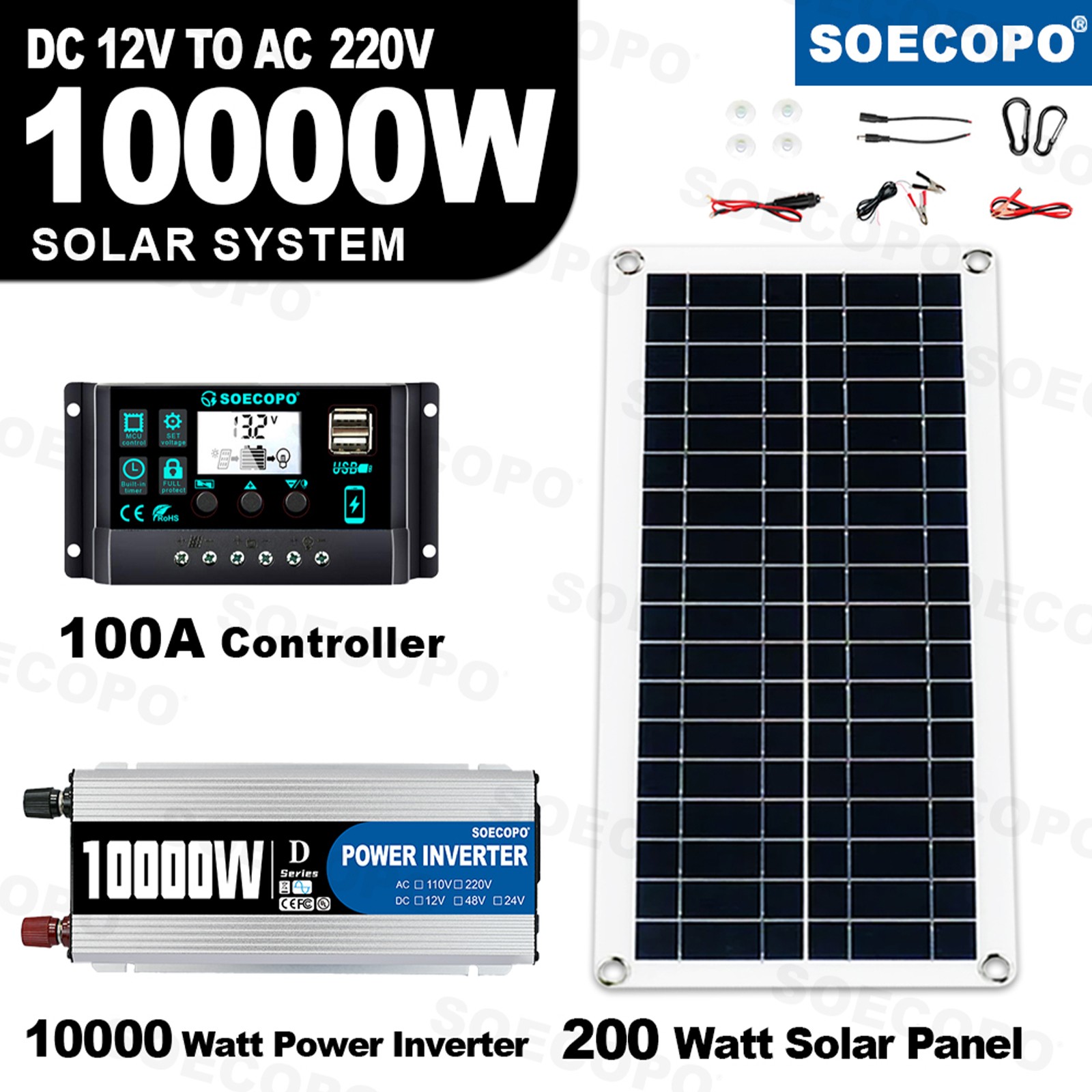 10000W Power Inverter Solar Generator W/200W Solar Panel Home Complete Kits 22p7