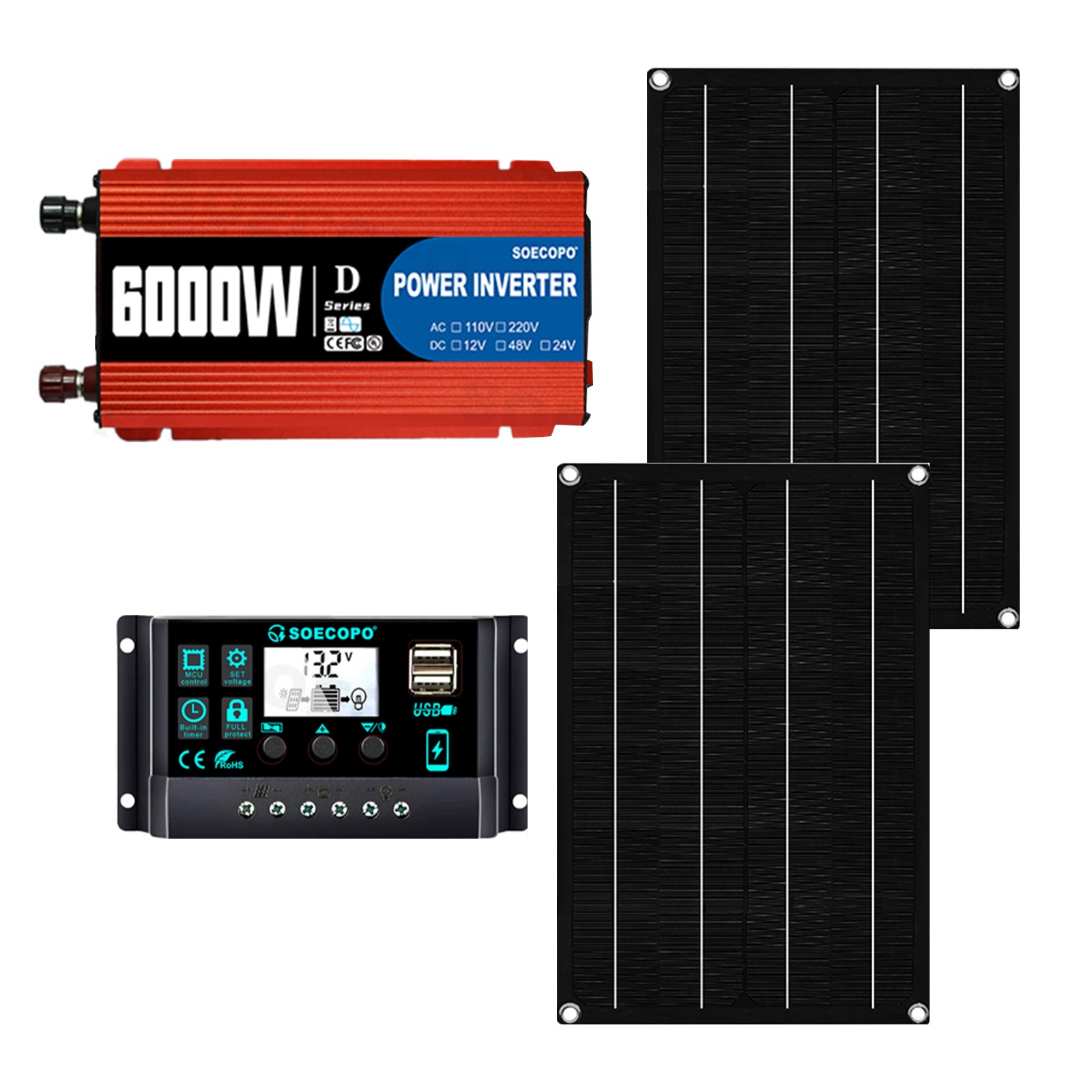6000W DC to AC Solar Inverter Kit | Includes 2pcs Solar Panels&Charge Controller