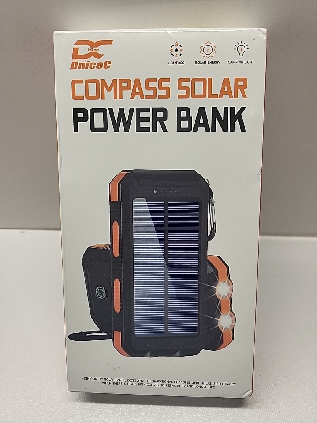 Solar Power Bank with Flashlight, Compass,  Phone Charger, and Battery Indicator