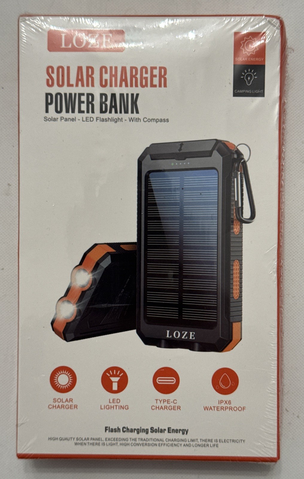 LOZE Solar Power Bank 10000Mah, Built-In Super Bright Flashlight
