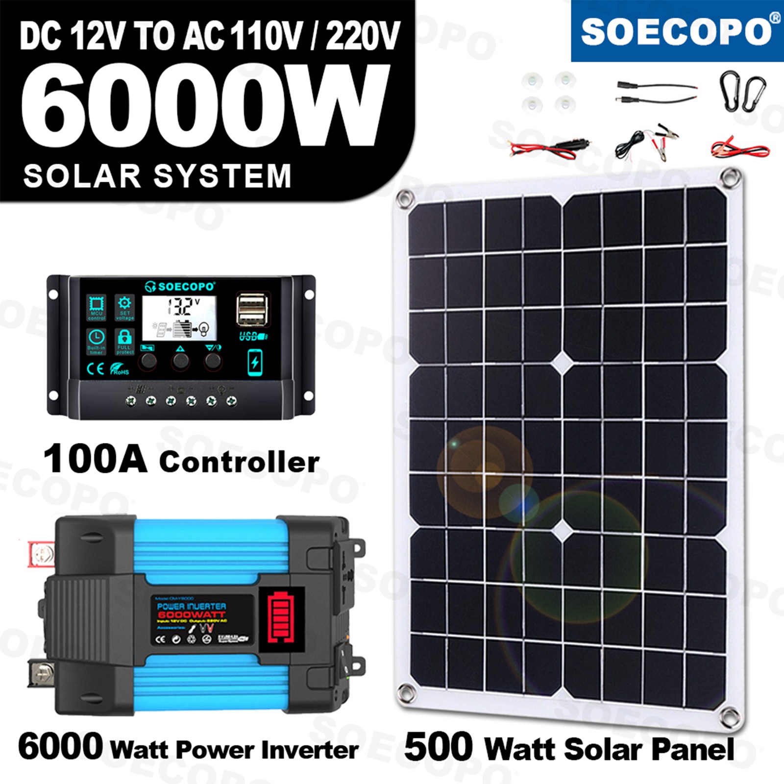 6000W Solar System DC12V to 110V/220V Inverter System100A Controller 500W PaneP8