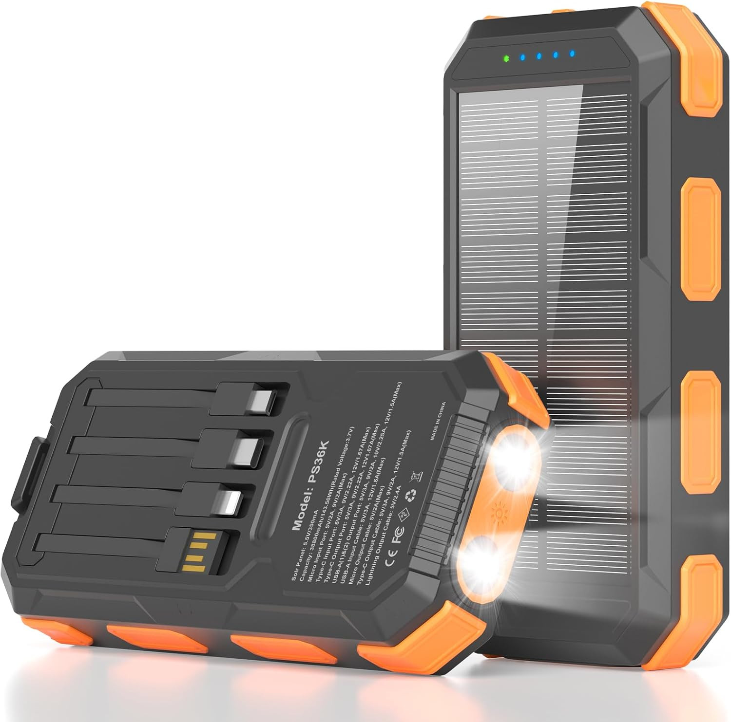 Solar Power Bank 38800mAh, Portable Charger, 4 Cables 4 Ports, PD22.5W Fast Char