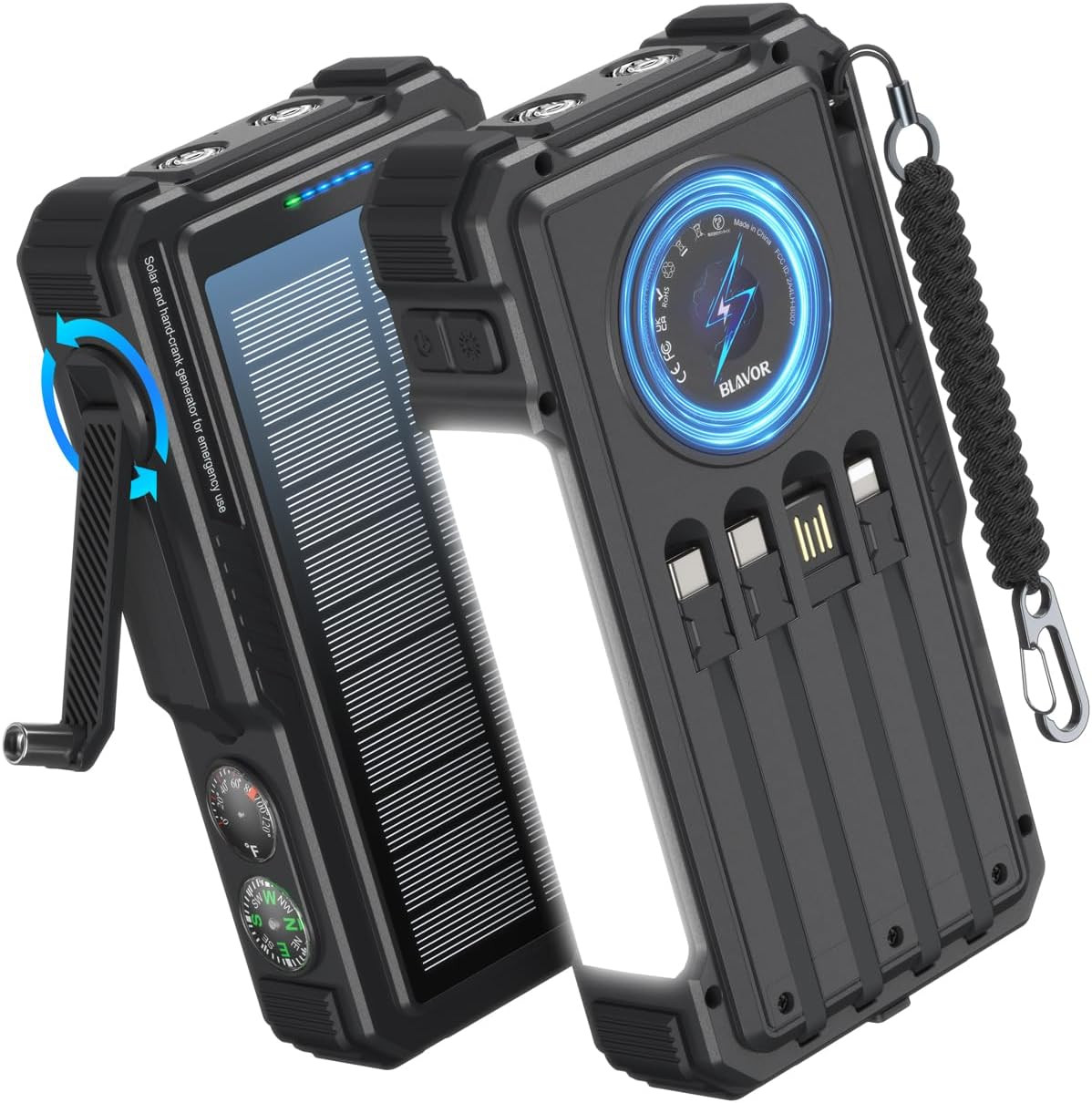 Solar Power Bank with Hand Crank and 4 Cables, 20000mAh Wireless Portable Charge