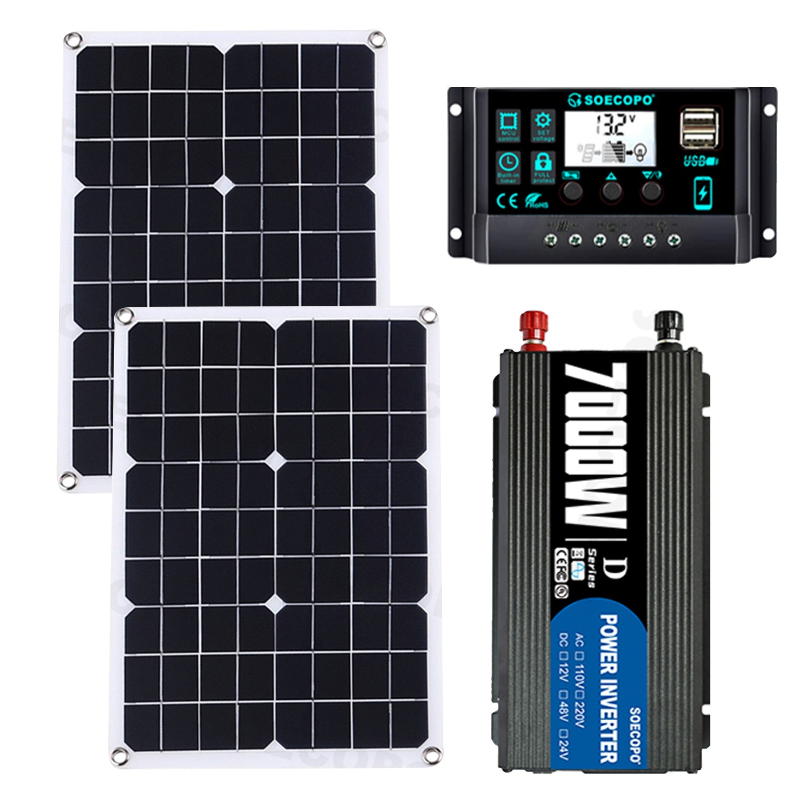 7000W Solar Inverter Kit  2pcs Solar Panels & Controller | 110V/220V