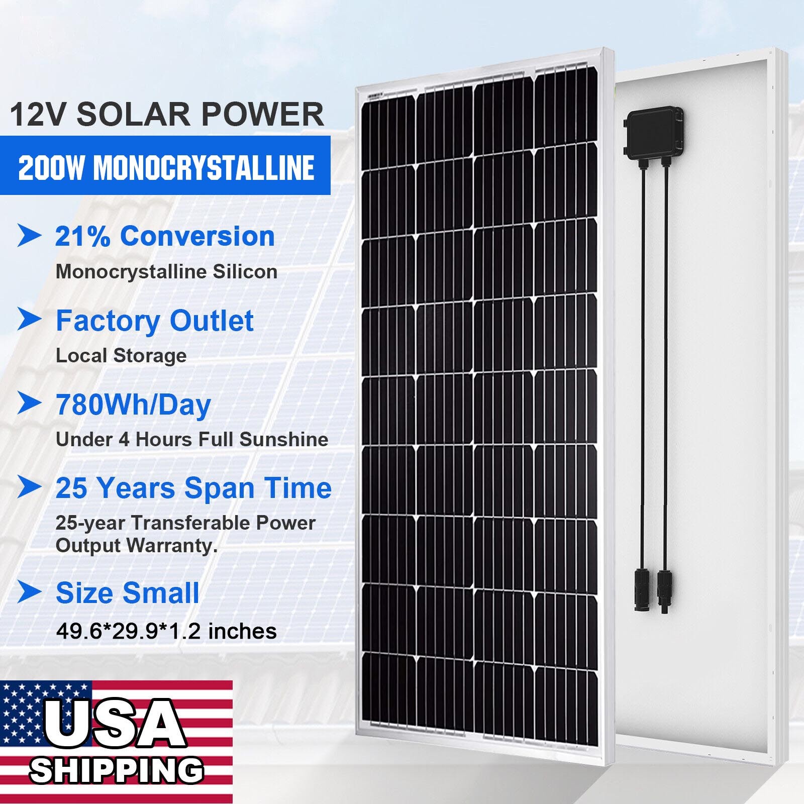 200 Watts 200W Monocrystalline Solar Panel 12V for Battery Charger Caravan Home