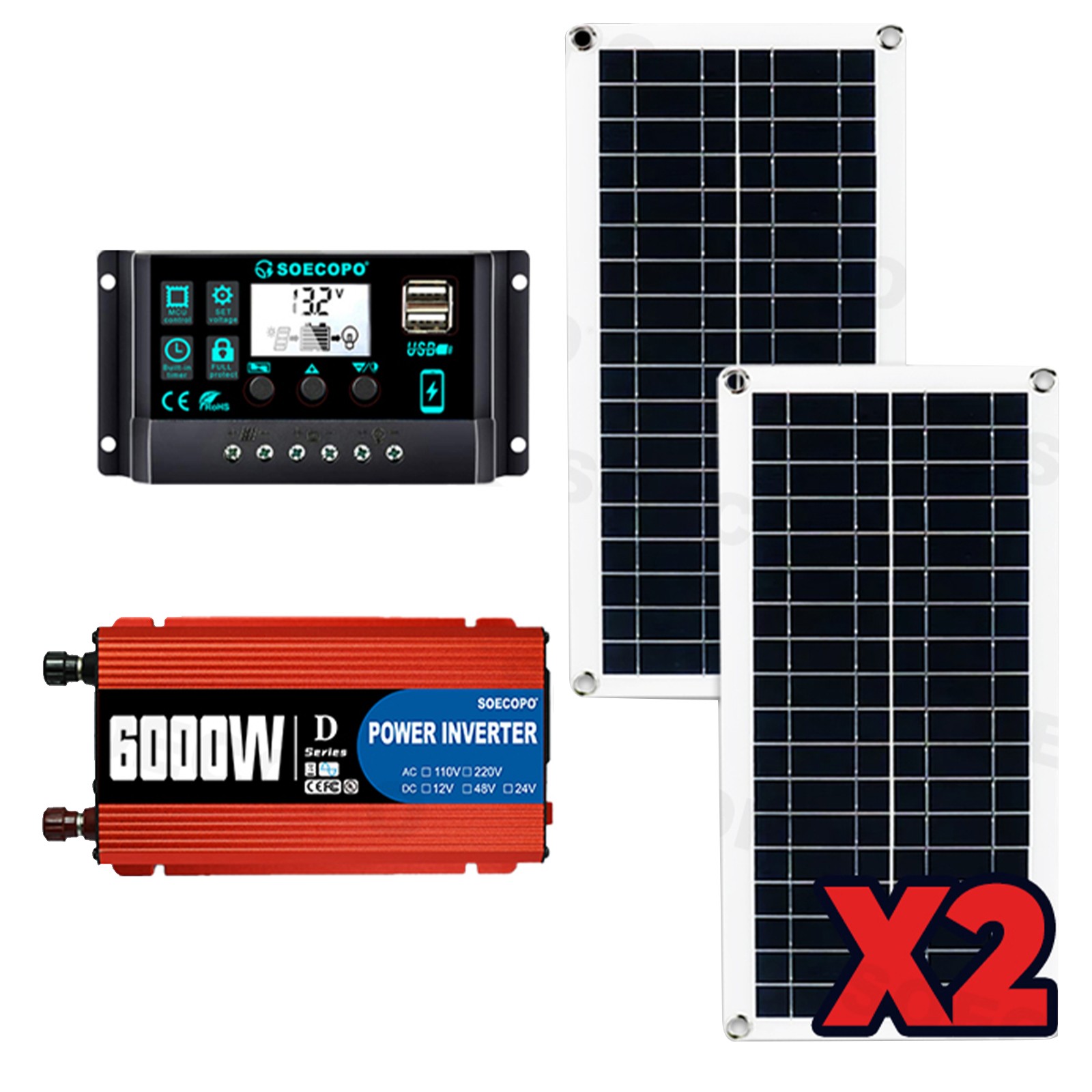 Ultimate 6000W Solar Power Bundle: Inverter DC 12V – AC 110V/220V + 2pcs Solar