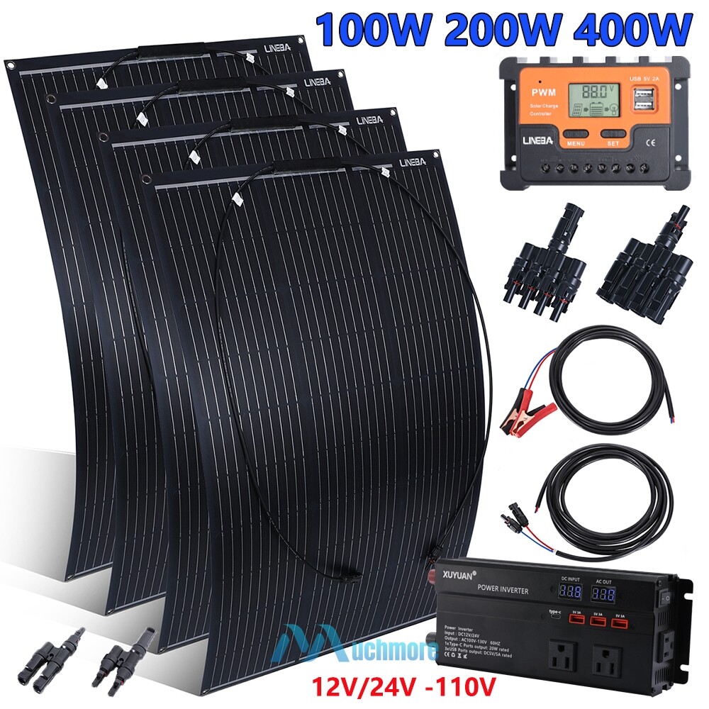 400W Flexible Solar Panel Kit w/ Inverter Home RV Rooftop Off-Grid Solar System