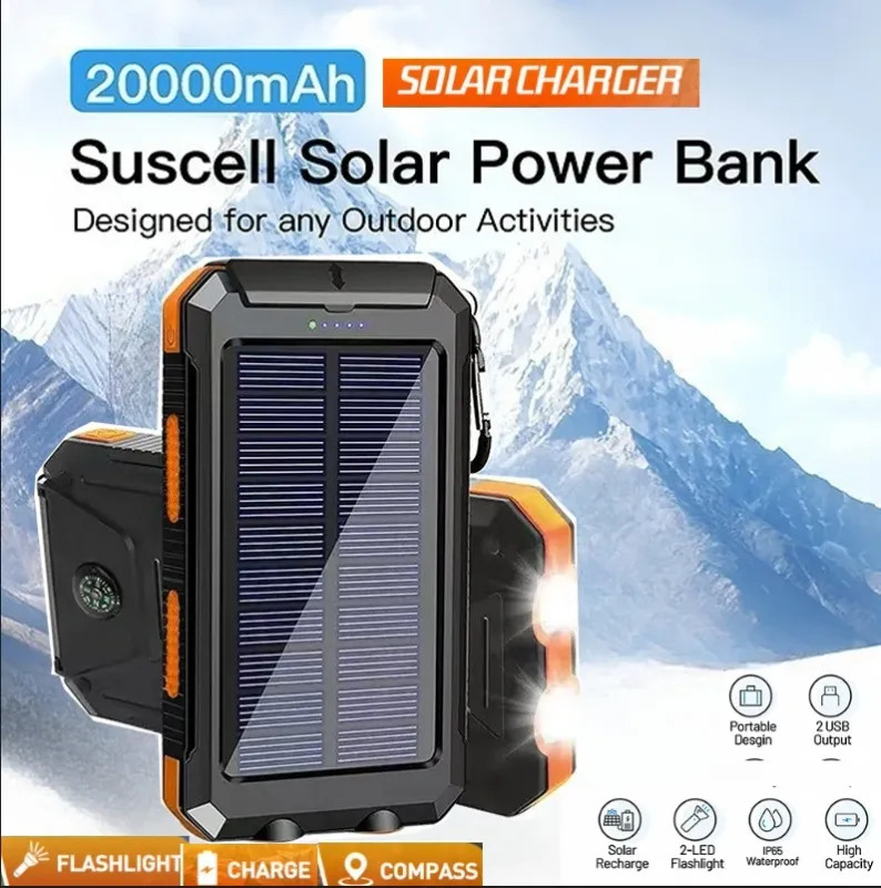 Solar Power Bank Waterproof Fast Charging Large Capacity Battery SOS