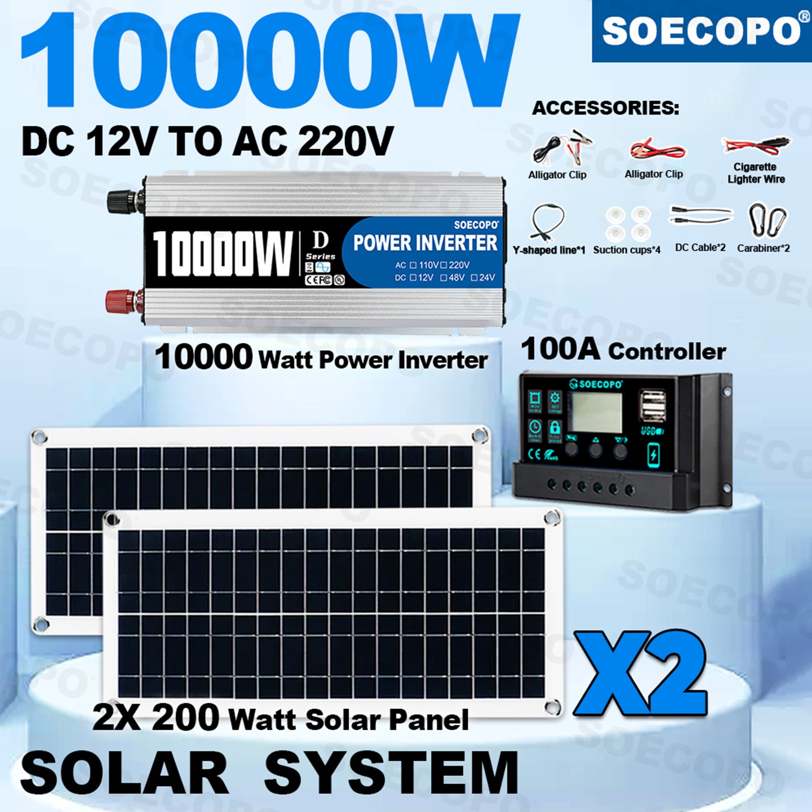 10000W Inverter (12V-110V/220V) + 2pcs Solar Panels + Charge Controller 100A