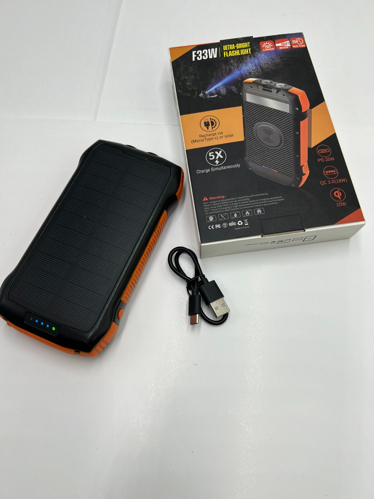 F33W 20000mAh Solar Power Bank 3*USB Type-C Output 20W Wireless Charging Phone