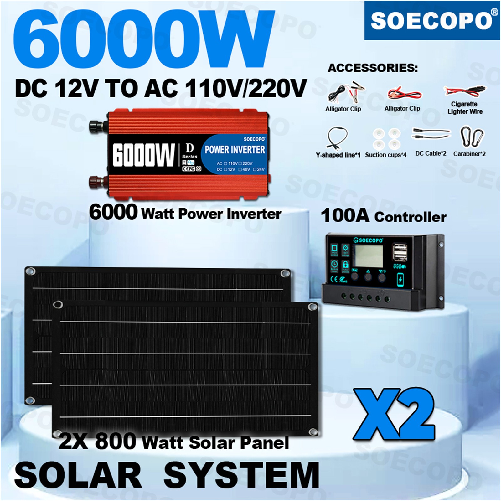 6000W Solar Kit DC12V-AC 110V/220V Inverter + 2pcs Solar Panels+ 100A Controller