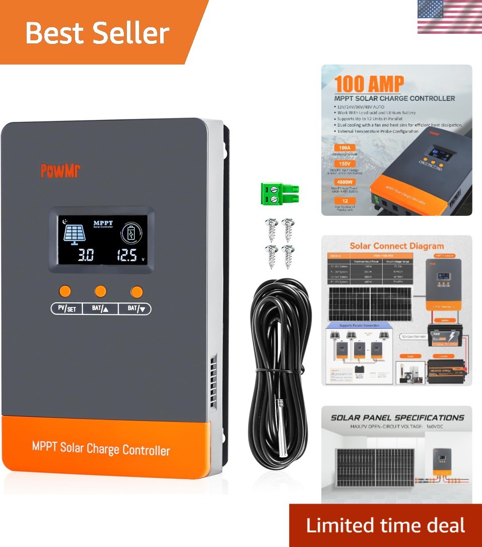 PowMr 100A MPPT Solar Controller 12V/24V/48V with LCD Display – Connect Up to 12