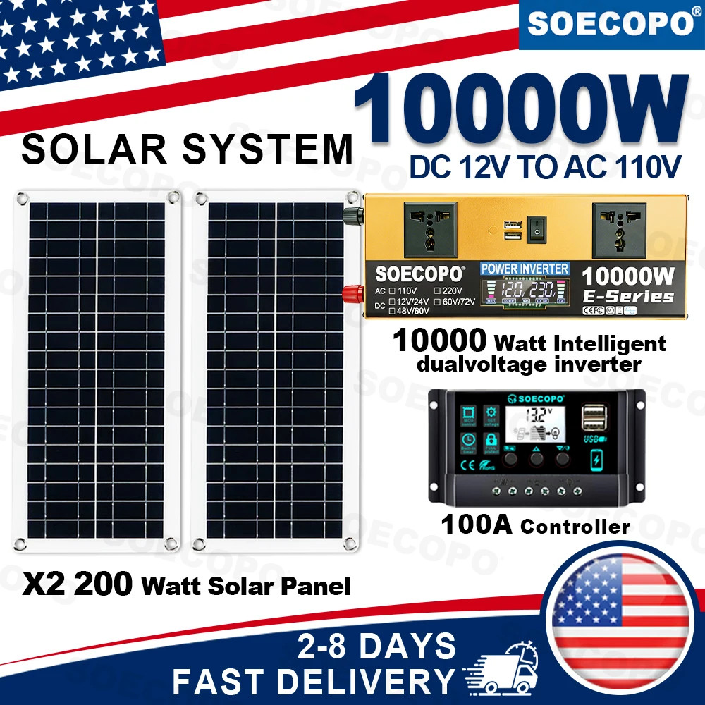400W Solar Panel Kit (2x200W) 10000W Peak 12V 24V Auto Inverter 100A System RV