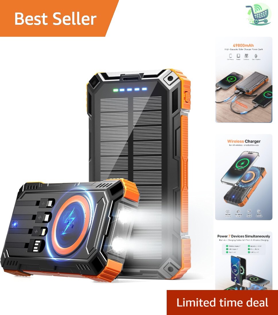 Portable 49800mAh Solar Charger – Waterproof & Shockproof with Built-In Cables