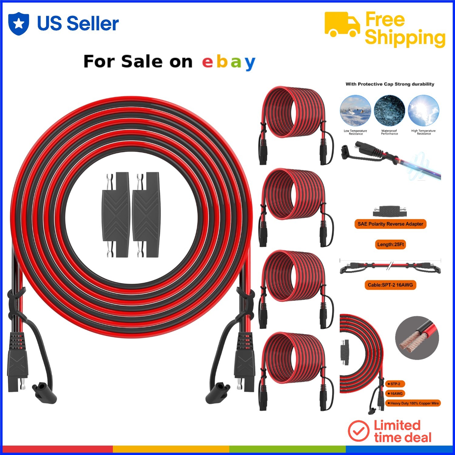 25Ft SAE Extension Cable 16AWG Copper Quick Disconnect for Solar Batteries