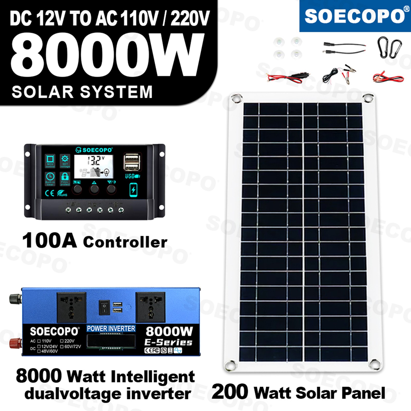8000W Complete Solar Panel Kit Solar Power Generator 100A Home 110V/220V SysteOy