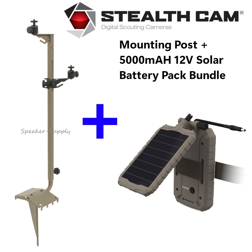 Stealth Cam Mounting Post + 5000mAH 12V Solar Battery Pack Bundle